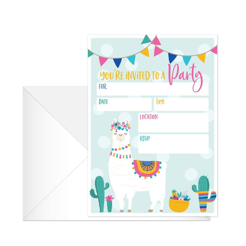 Canopy Street Llama Fill In Party Invitation / 25 Llama Fiesta Birthday Invitations and Envelopes / 5" x 7" Flat Alpaca Invite/Llama Baby Shower Invitation/Made In The USA - Image 2